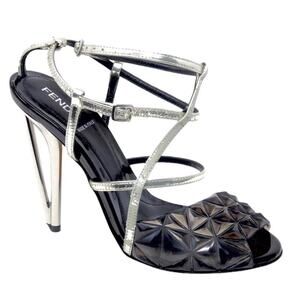 Fendi Black Silver Iridia PVC Buckle Pyramid Metallic Strap Stiletto Heels 8.5